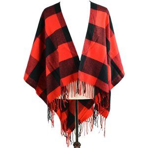 Daisy Del Sol Cape Blanket Wrap Open Front Red Black Plaid Shawl Cozy NWT